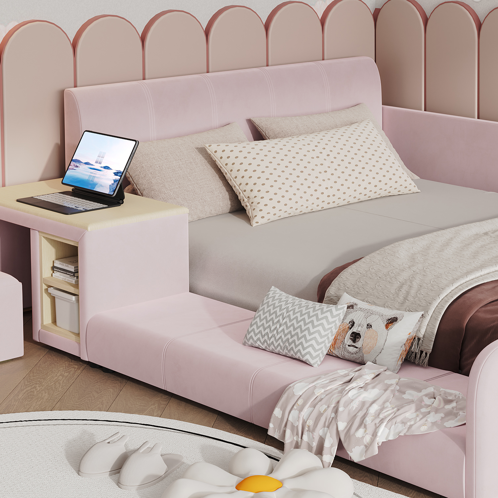 Lit rembourré 90 x 200 cm avec éclairage LED, rangements intégrés, bureau intégré, tabouret, rose - spécifications 1