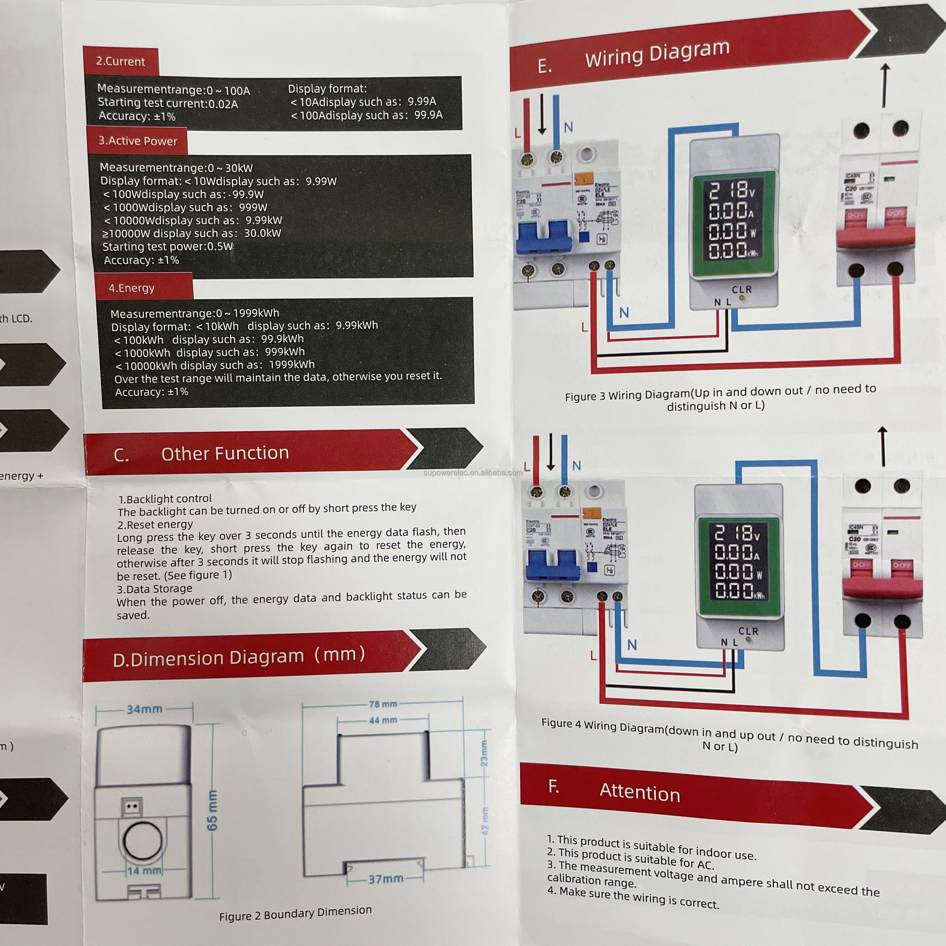 Single Phase Din Rail Digital Volt Amp Watt Kwh Energy Meter 4 in1 0~100A AC50V to 300V Wattmeter Voltmeter With Bult in CT