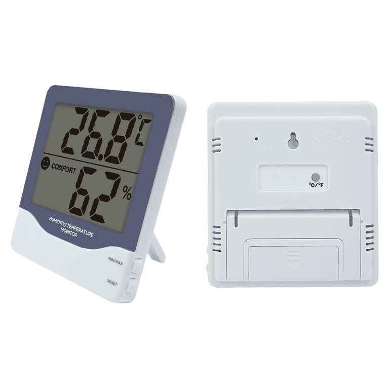 Medidor de humedad con indicación de nivel de comodidad, sensor de humedad con pantalla grande retroiluminada y registro máximo/mínimo