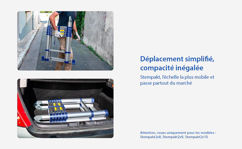 Échelle télescopique articulée aluminium 4,4 m (2,2 + 2,2) Stempakt Hostrom, légère, compacte et pliable, hauteur de travail max 5,3m, charge max 150 kg, garantie 5 ans