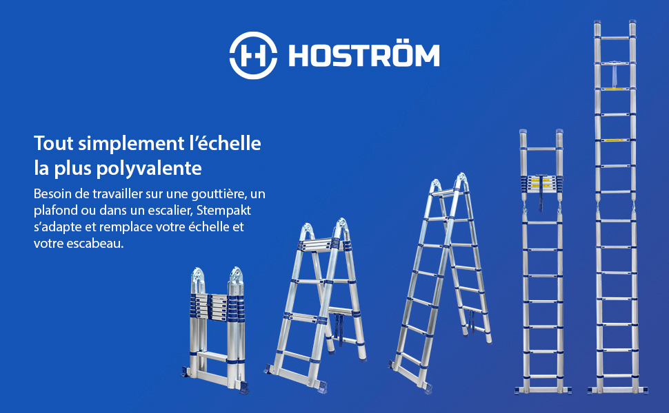 Échelle télescopique articulée aluminium 4,4 m (2,2 + 2,2) Stempakt Hostrom, légère, compacte et pliable, hauteur de travail max 5,3m, charge max 150 kg, garantie 5 ans