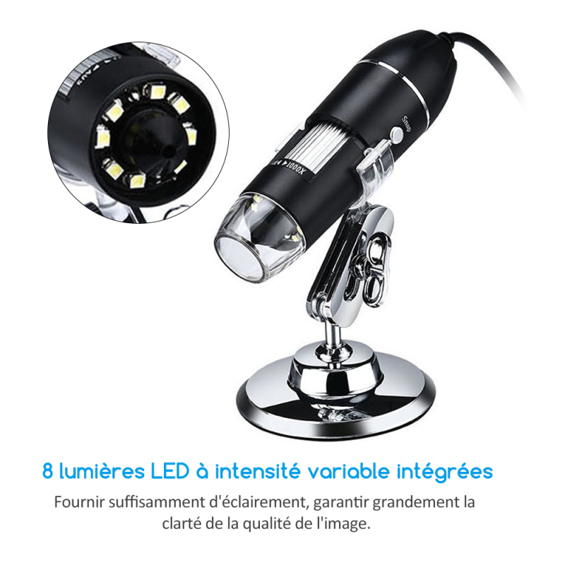 Microscope numérique USB 1000x Grossissement Caméra 8 Leds Avec Support  Compatible Avec Android Windows / Xp Win 7 8 10 Vista Linux Mac Portable  Handheld I