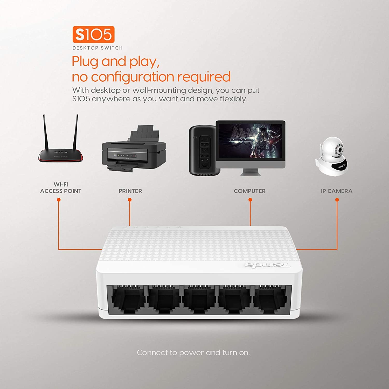  S105 Switch 5 Ports Mégabit 10/100 mbps (Ports RJ45, Hub RJ45, Auto MDI/MDIX, Auto-négociation, Plug and Play, Aucune Configuration) pour Bureau ou Maison