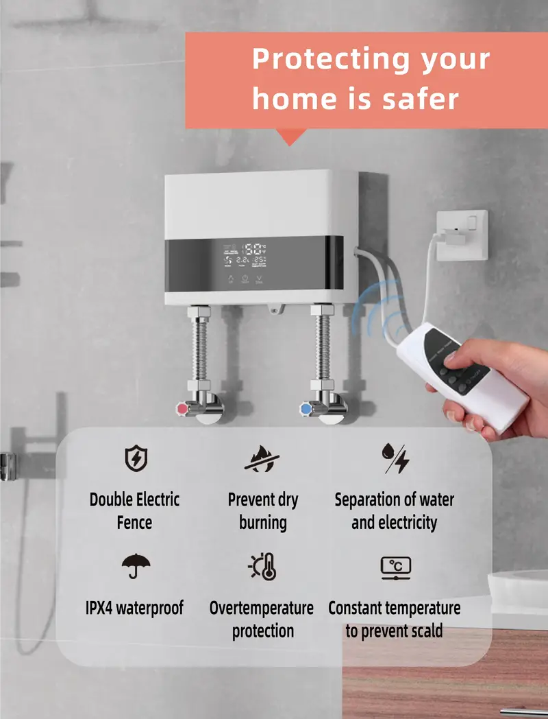 1pc mini electric water heater without water tank us three phase 220v 6000w led display screen with remote control instant constant temperature water and electricity separation safe and energy saving easy to install air switch required details 2