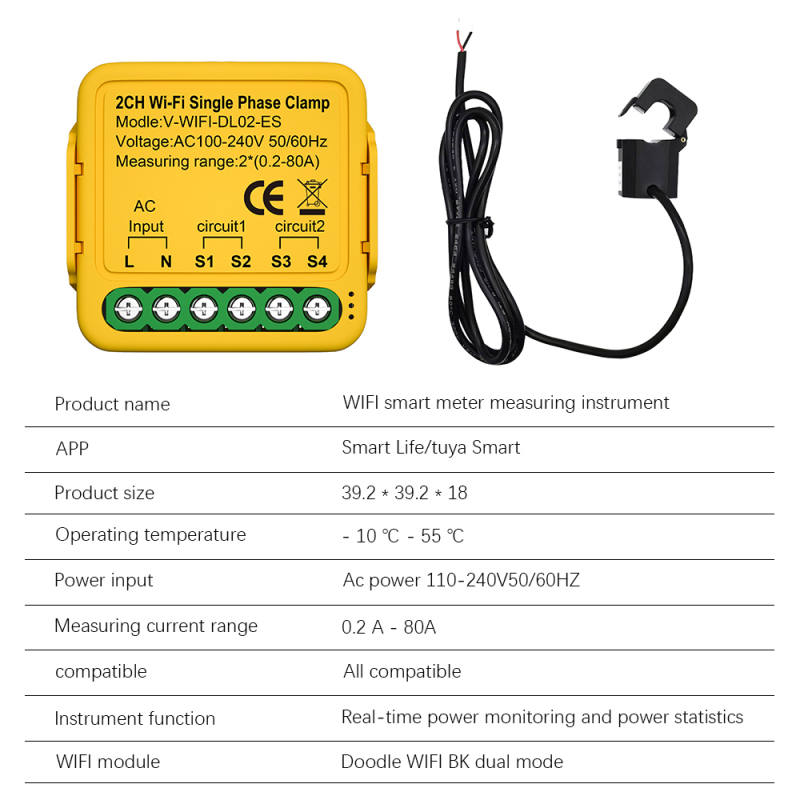 Détail technique - pince de mesure 0,2-80A, 100-240V, WiFi 2,4GHz