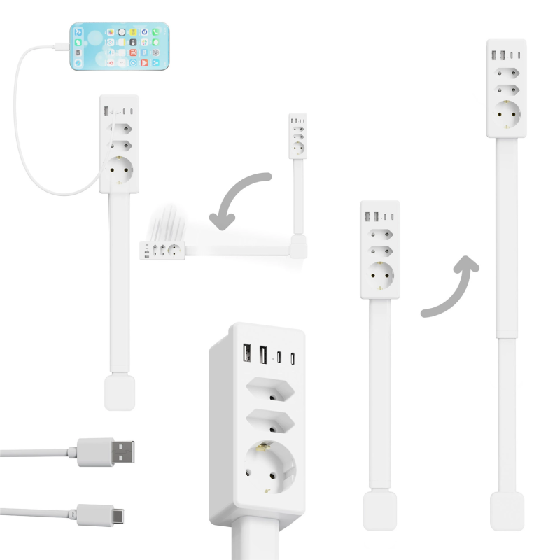 Multiprise utilisée derrière un canapé avec support téléphone