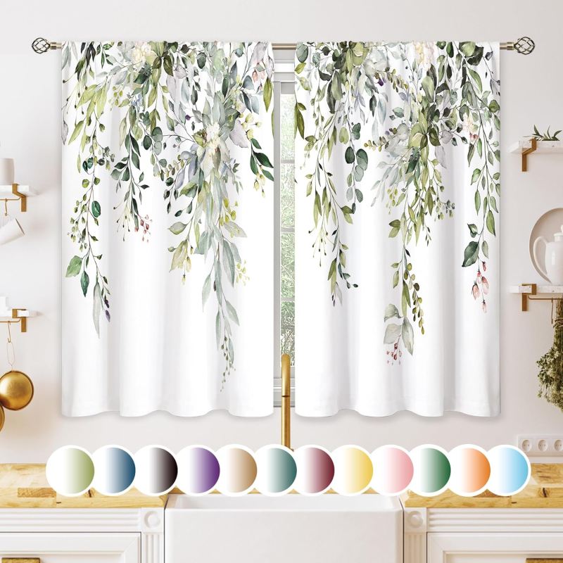 Voilage à motif de feuilles d'eucalyptus pour cuisine bohème