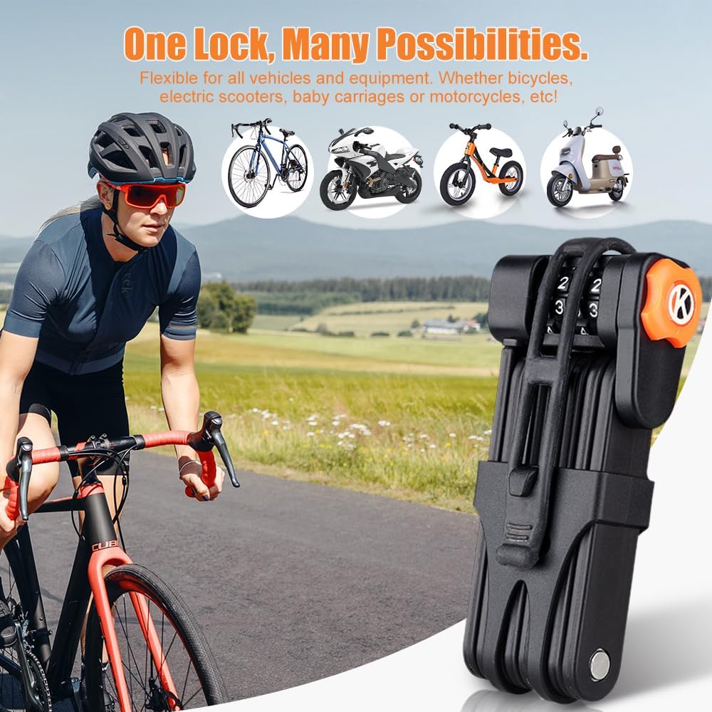 LuTuo Lucchetto Pieghevole Per Bicicletta Con Supporto, Lucchetto A Combinazione A 4 Cifre, Lunghezza 85 Cm, Chiusura A Catena Ad Alta Sicurezza, Per Mountain Bike E Scooter