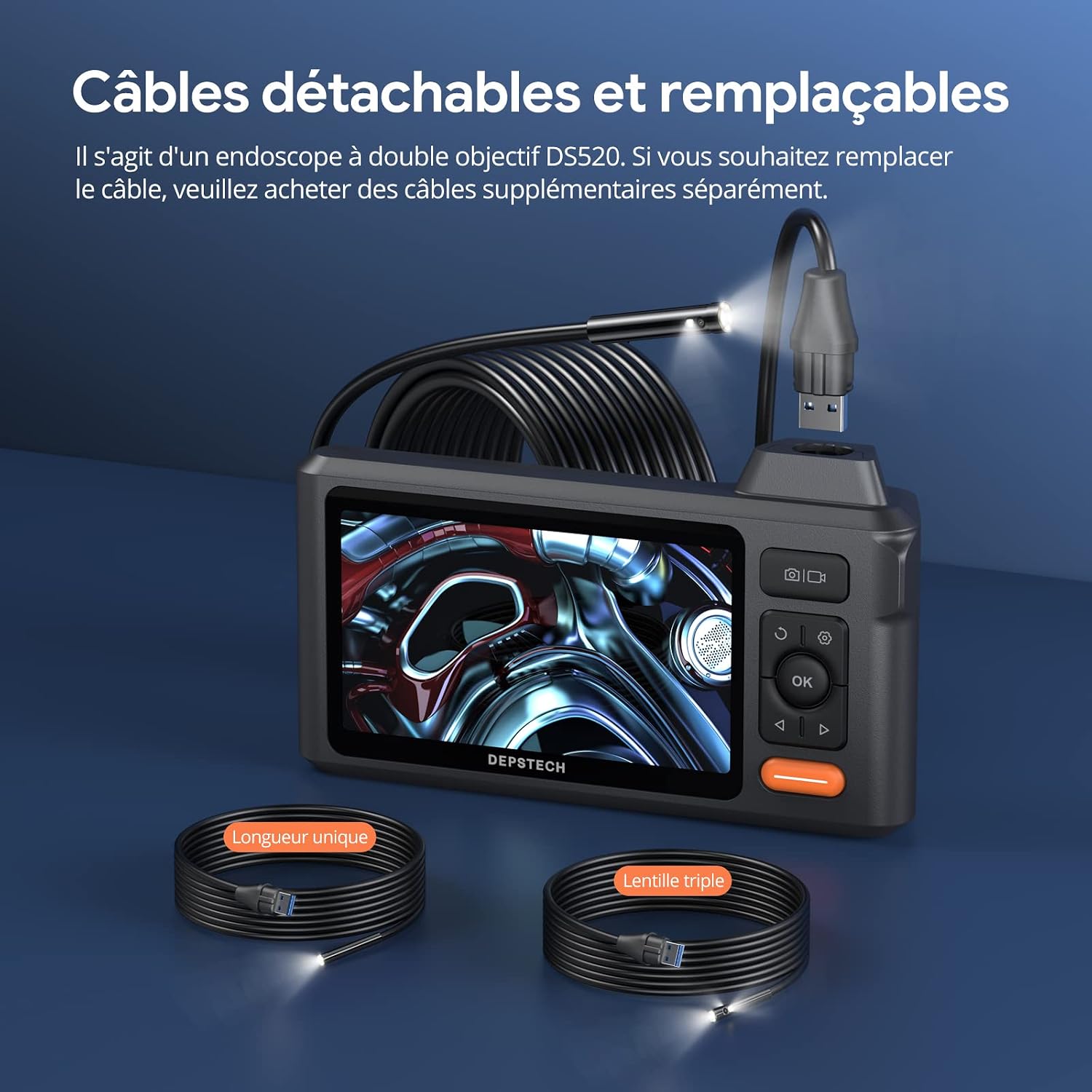  /><br /><strong>【Conception ergonomique】</strong> La forme ergonomique permet à la caméra d'inspection DS520 de contrôler facilement le câble indépendamment d'une seule main. Batterie intégrée de 2600 mAh, elle peut durer jusqu'à 4 heures d'utilisation après avoir été complètement chargée. Il convient pour inspecter des zones restreintes telles que des cylindres, des évents, inspecter des fils ou des goujons sur les murs, des objets manquants sous ou derrière de gros appareils électroménagers et les repérer avec un aimant.</p>
<p><img src=