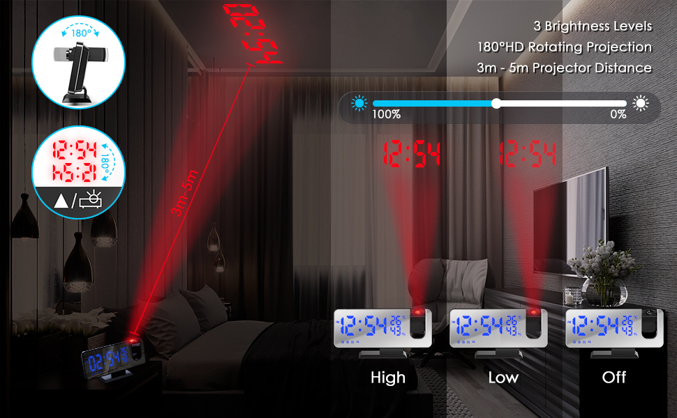 3 Niveaux de Luminosité Projection Rotative HD à 180 ° Distance du Projecteur de 3m à 5m