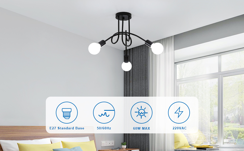 avec plusieurs bras réglables et ampoules rondes. Les icônes indiquent qu'il est dimmable, télécommandé