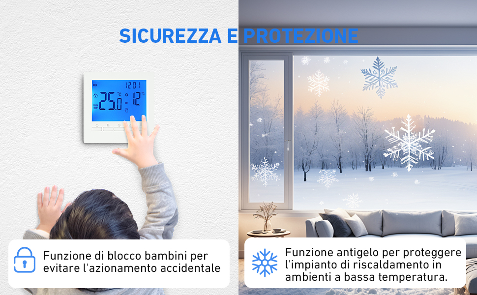 Thermostat mural numérique avec affichage 25,1 °C. Une personne ajuste les paramètres. Vue par la fenêtre sur un paysage enneigé. Les icônes indiquent les fonctions de verrouillage enfant et de protection contre le gel.