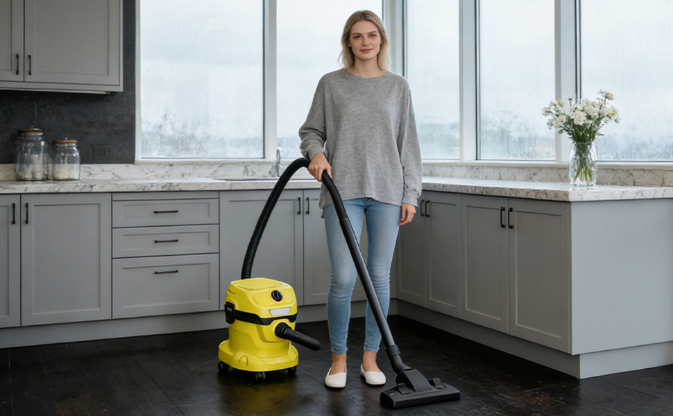 Scène de nettoyage de cuisine intérieure montrant un appareil de nettoyage Kärcher jaune utilisé sur des surfaces d'armoires grises dans une cuisine moderne.