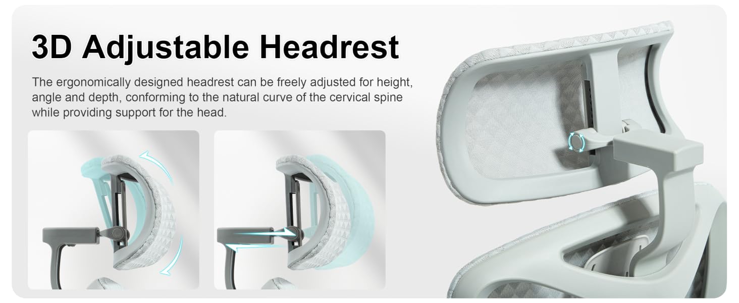 Text reads '3D Adjustable Headrest'. Multiple views of white ergonomic headrest product showing different adjustment positions and angles.