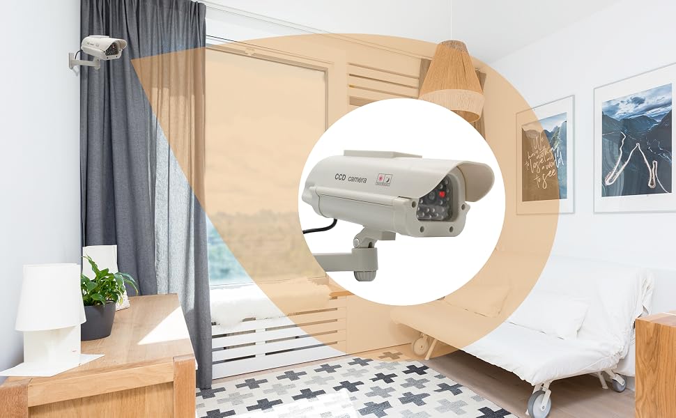 Cámara de vigilancia ficticia realista con LED intermitentes para zoom en exteriores e interiores en una sala de estar