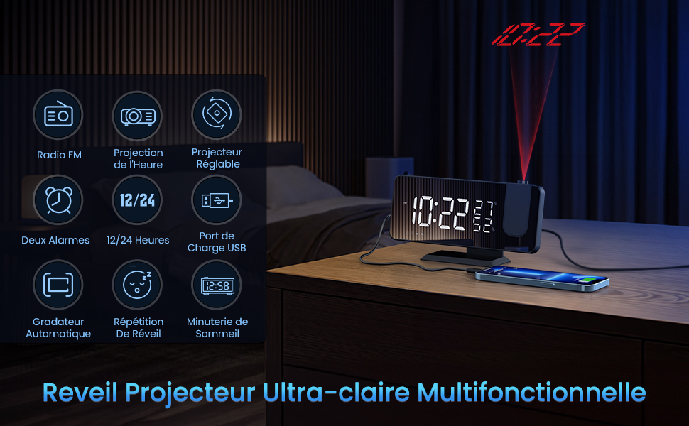 Reveil Projecteur Ultra-claire Multifonctionnelle