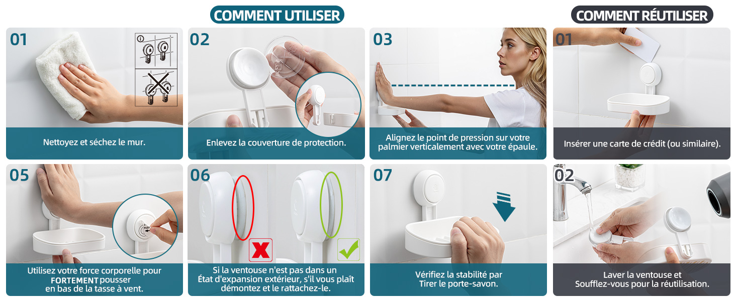 Séquence d'instructions en huit étapes illustrant le processus de nettoyage à l'aide d'une brosse portative sur diverses surfaces et appareils de cuisine.