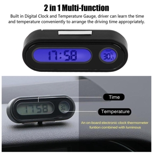 con display della temperatura con schermo LCD blu, che mostra ora e temperatura. Alloggiamento nero compatto progettato per il montaggio sul cruscotto.