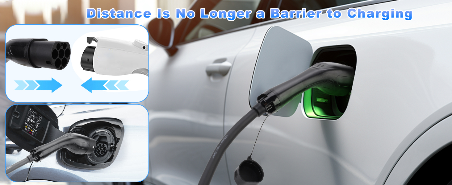 Electric vehicle charging port and cable, showing close-up views of the connector and vehicle charging socket with a green indicator light.