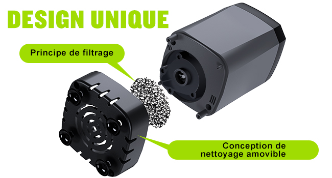 Schéma technique du produit montrant le mécanisme de filtre avec design de nettoyage amovible, avec des composants noirs et un élément filtrant à mailles métalliques.