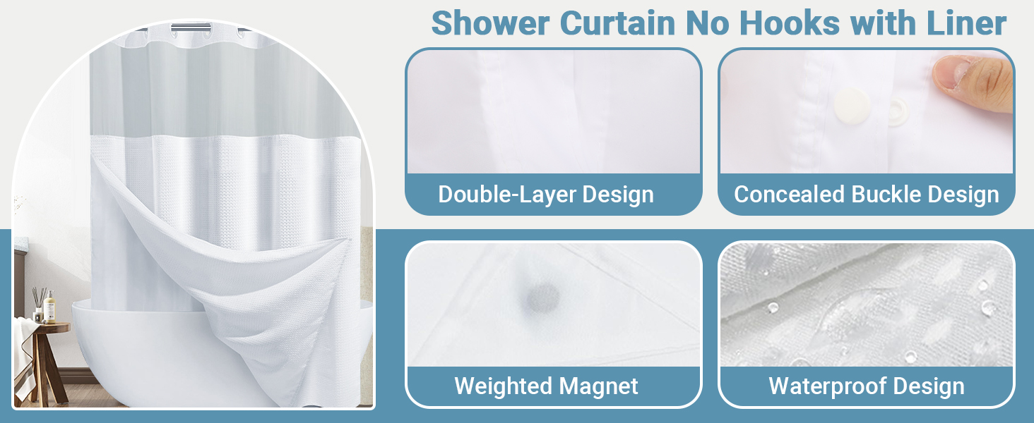 No Hook Shower Curtain and Liner Set