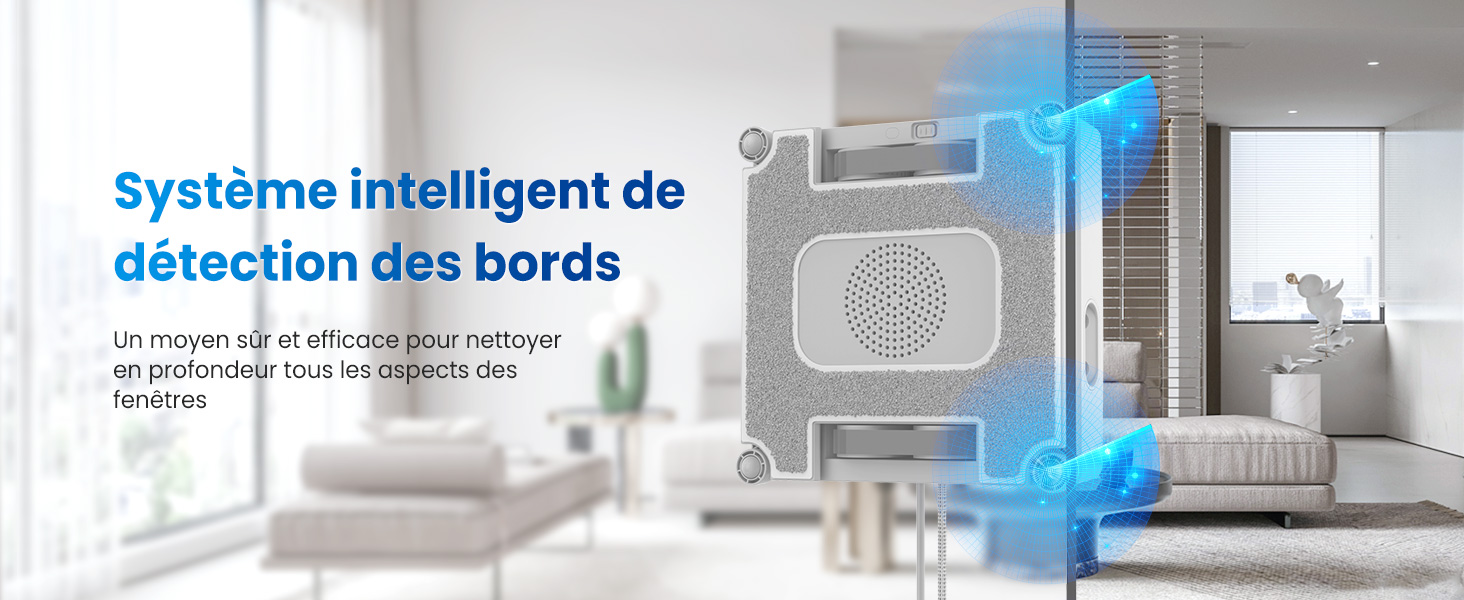 Le texte se lit comme suit : « Système intelligent de détection des frontières ». Montre l'intérieur de la pièce avec une superposition bleue indiquant la technologie de détection des bords pour les systèmes de sécurité.