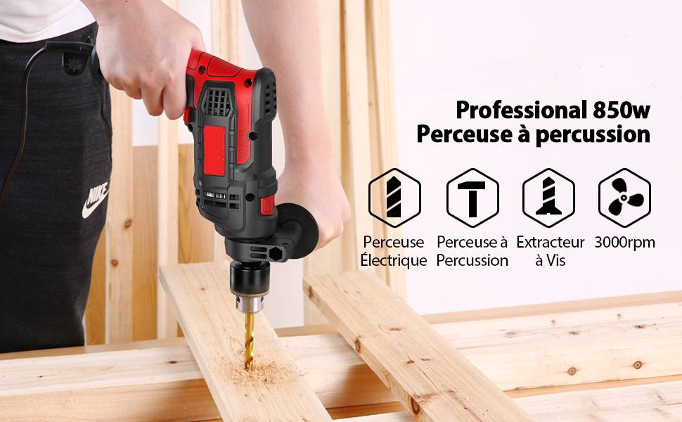 de 850 W utilisée sur une surface en bois, avec plusieurs réglages de vitesse et une capacité de 3 000 tr/min, comme indiqué dans les icônes des spécifications