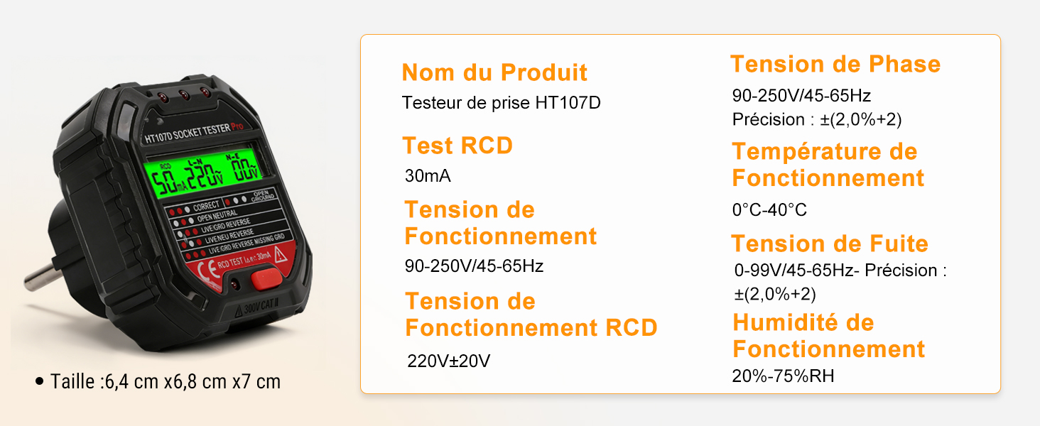 Affichage des spécifications techniques montrant les mesures électriques, y compris la « tension de phase », le « RCD » et divers paramètres de tension/courant, sur un texte orange sur fond blanc.