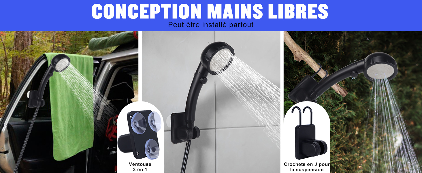 Image à quatre panneaux montrant des accessoires mains libres : un porte-serviettes vert, un support pour pommeau de douche, un porte-sac à dos et une démonstration de jet de douche de tête