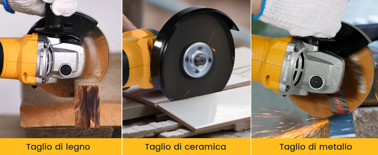 Immagine a tre pannelli che mostra un elettroutensile giallo che taglia legno, ceramica e metallo. Il testo etichetta ogni materiale in italiano