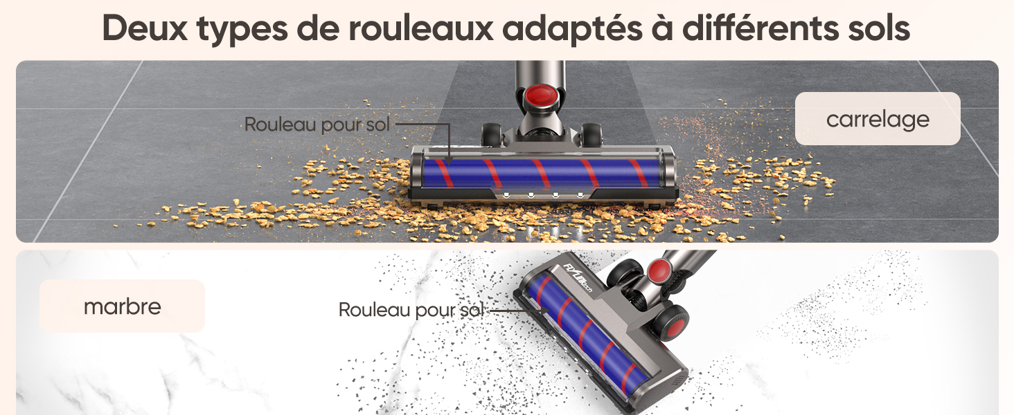 sur deux surfaces différentes, le carrelage et le marbre, avec un texte en français décrivant les types de rouleaux pour différents sols.