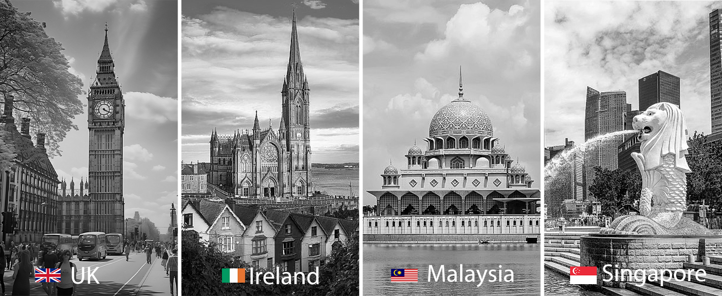 Vier schwarz-weiße Stadtbilder mit ikonischen Wahrzeichen: Big Ben, eine Kathedrale, eine Moschee und die Merlion-Statue. Beschriftet mit Landesflaggen und