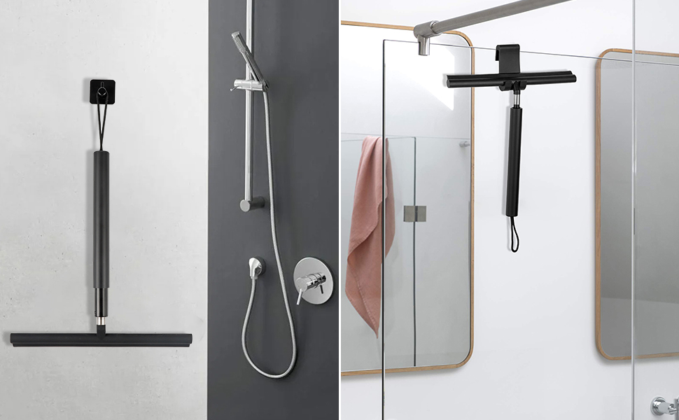 Composite d'accessoires de douche : raclette murale, pomme de douche à main réglable avec tuyau et porte de douche en verre avec racloir monté. Design moderne avec finitions chromées et noires.