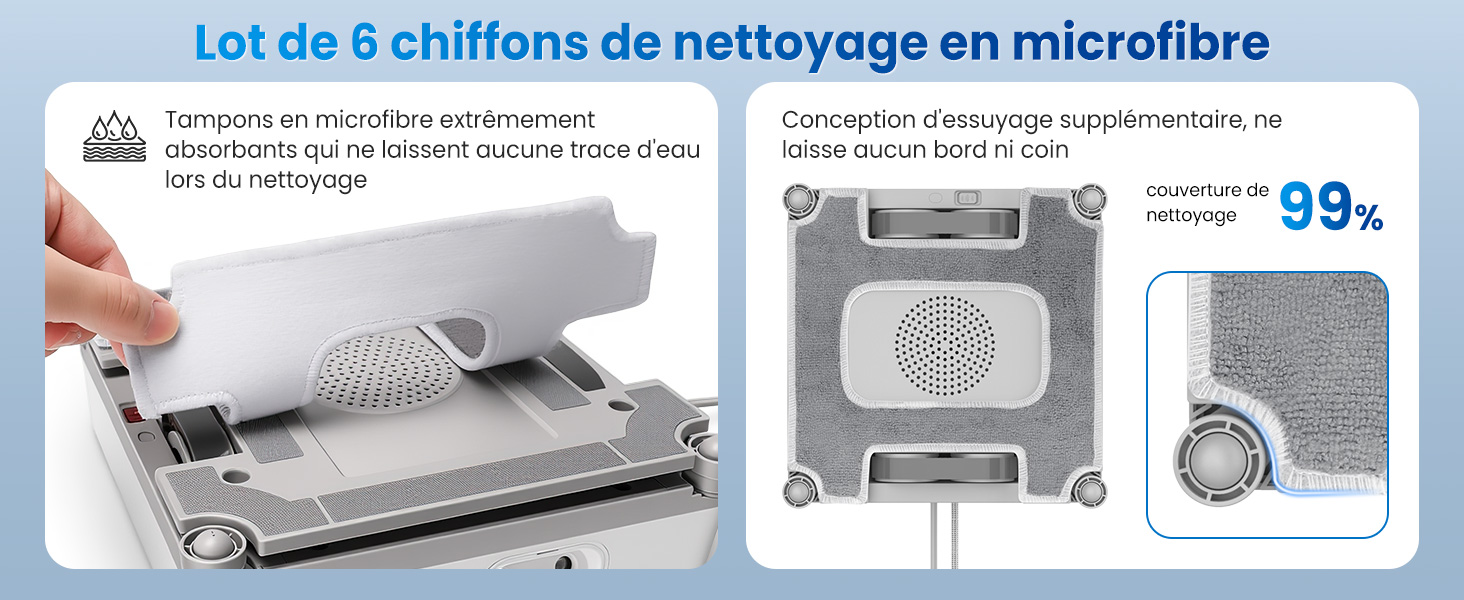 Le texte se lit comme suit : « Lot de 6 chiffons de nettoyage en microfibre », « 99, - ». Images de produits montrant des chiffons de nettoyage en microfibre et leur application sur les surfaces des appareils électroniques.