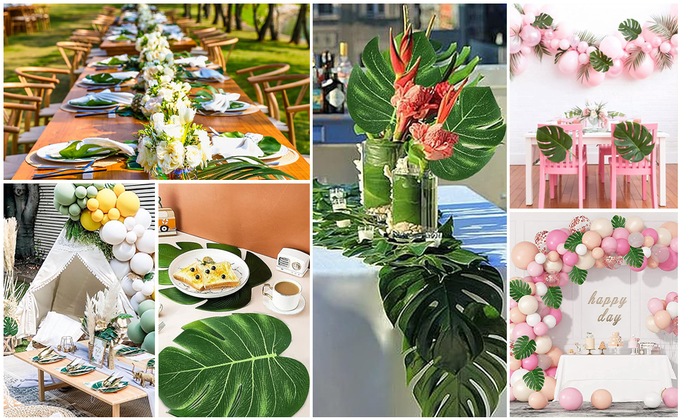Collage d'idées de décoration de fête mettant en vedette des feuilles tropicales, des arrangements floraux, des installations de salle à manger en plein air et des arches de ballons roses pour divers thèmes de célébration
