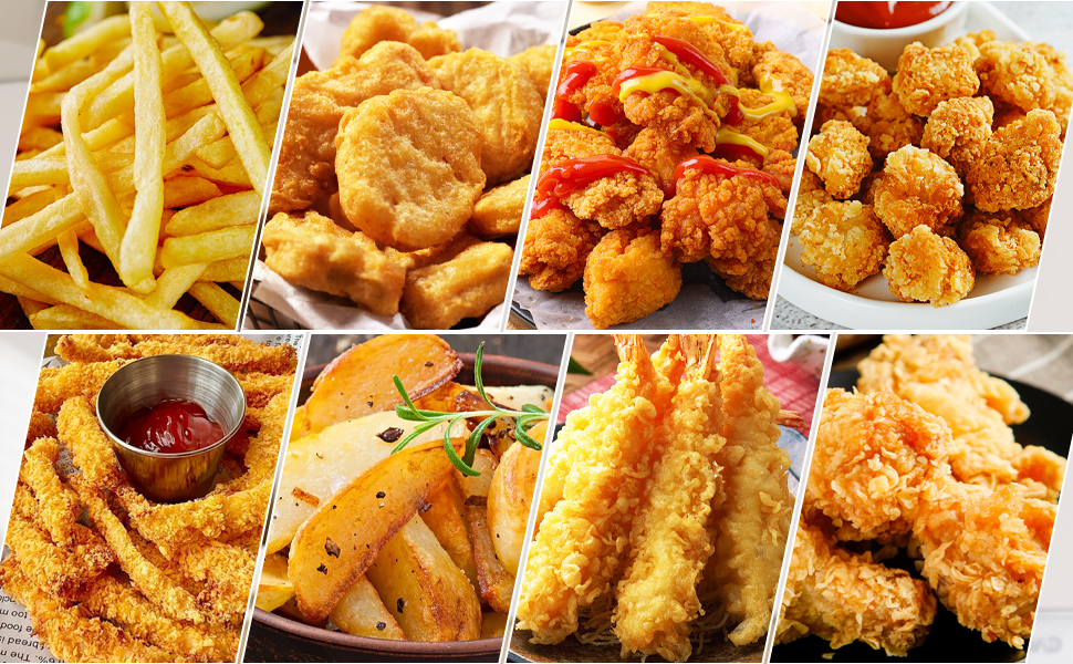 Collage di vari cibi fritti tra cui patatine fritte, bocconcini di pollo, anelli di cipolla e pesce impanato,