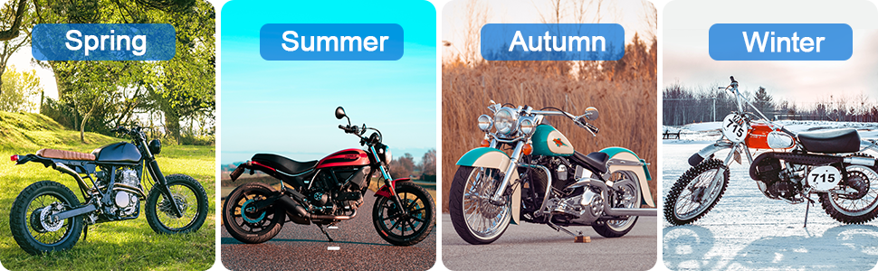 Quatre motos représentant les saisons : vélo tout-terrain vert (printemps), vélo de rue rouge (été), moto marron classique (automne), vélo enneigé (hiver