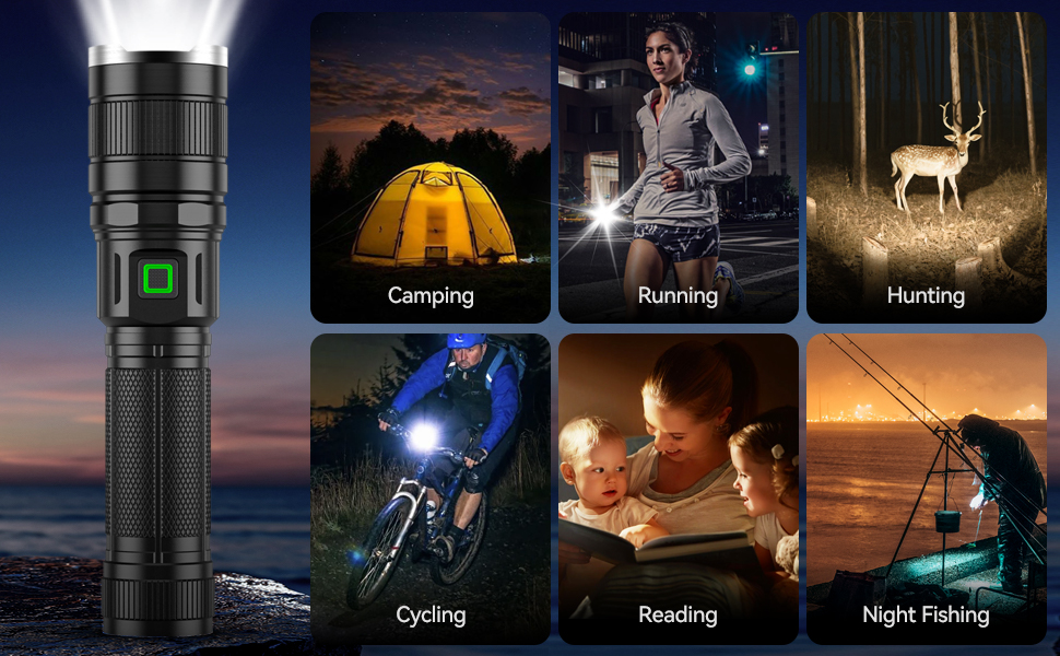 mit zahlreichen illustrierten Anwendungsbeispielen: Camping, Laufen, Jagen, Radfahren, Lesen und Nachtangeln. Ein vielseitiges Outdoor-Beleuchtungswerkzeug.
