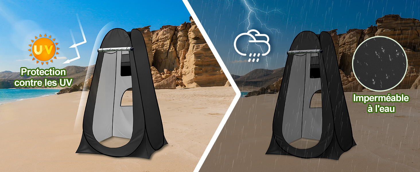 disponible en deux scénarios : plage ensoleillée avec icône de protection UV et environnement pluvieux avec icône de résistance à l'eau. Design en A de couleur foncée avec entrée zippée