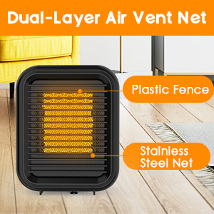 La sortie d'air du petit radiateur d'appoint est dotée d'une barrière en plastique anti-brûlure et d'une double protection avec un grillage en fer.