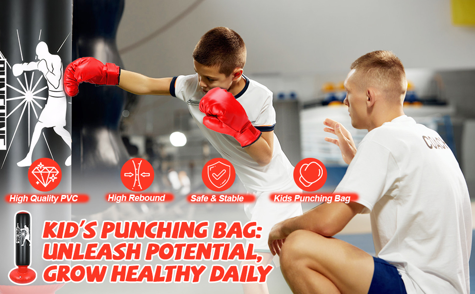 Un enfant frappe un sac de boxe rouge pendant qu'un adulte lui donne des instructions. Le texte met en évidence les avantages : « Concentration, coordination œil-main, autodéfense, sac de frappe pour enfants