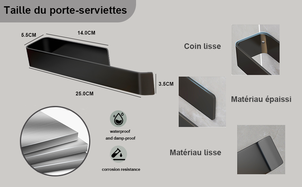 Porte-serviettes rectangulaire noir aux dimensions 25 cm x 14,5 cm x 3,5 cm. Comprend des coins lisses, un matériau épais et des propriétés de résistance à l'eau. Le diagramme montre la surface lisse et les détails de construction.
