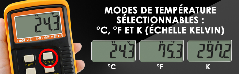 Digitale Anzeige des Thermometers, zeigt Temperaturwerte in Celsius, Fahrenheit und Kelvin. Der Text weist auf die auswählbaren Temperatureinstellungen hin