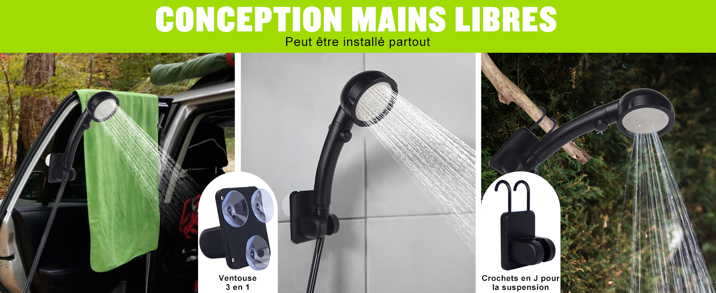 Présentation à trois panneaux de systèmes de douche à main présentant diverses options de montage et de pulvérisation pour une utilisation mains libres