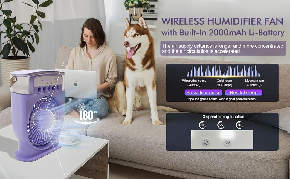 avec batterie 2000mAh. Comprend une rotation à 180 degrés, 3 réglages de vitesse. Produit présenté dans le salon avec ordinateur portable et chien.