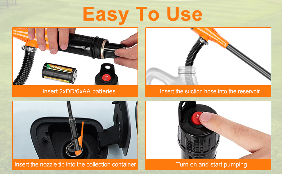avec tuyau flexible. Le guide d'instructions à quatre panneaux indique l'insertion de la batterie, le raccordement du tuyau, le placement des buses et l'activation du bouton d'alimentation pour une utilisation facile