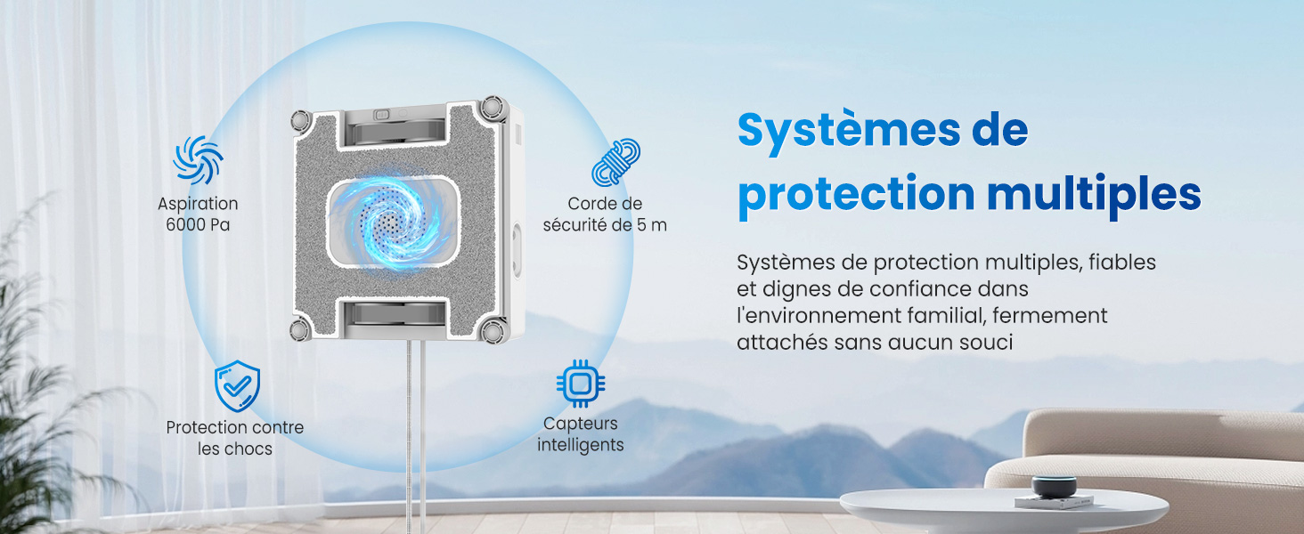 Le texte se lit comme suit : « Systèmes de protection multiples ». Bannière bleue et blanche présentant des icônes liées à la sécurité et des éléments d'interface dans un design minimaliste.