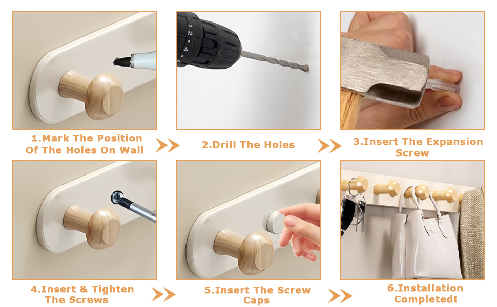 Guide d'installation étape par étape pour un porte-tringle à rideaux en bois.
[SENTENCE 21] Montre le marquage, le perçage, l'insertion de la vis d'expansion, le serrage et l'installation finale avec rideaux suspendus.