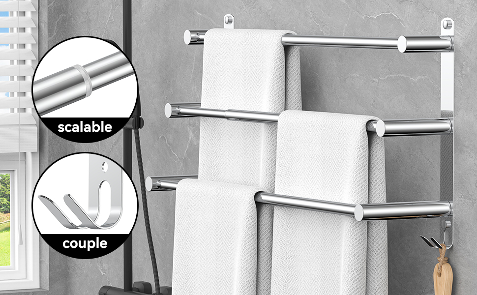 Porte-serviettes évolutif et adapté aux couples avec plusieurs barres, pouvant contenir plusieurs serviettes blanches. Le gros plan montre les détails de la construction métallique