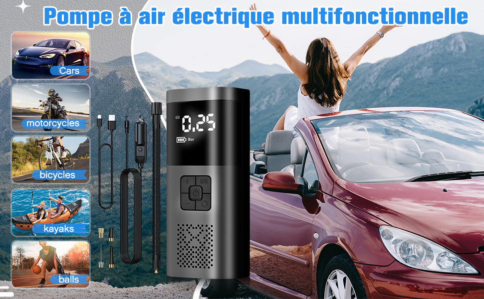 Gonfleur Pneus Voiture Portable Sans Fil – 150 PSI, Batterie 6000 MAh, écran LED, Arrêt Automatique
